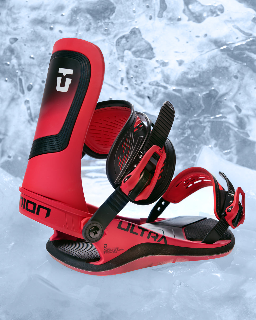 red union ultra snowboard bindings with a background of ice crystals.