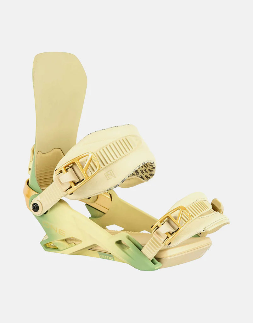 Nitro one x drink sexy snowboard bindings in yellow green and gold faded pattern.