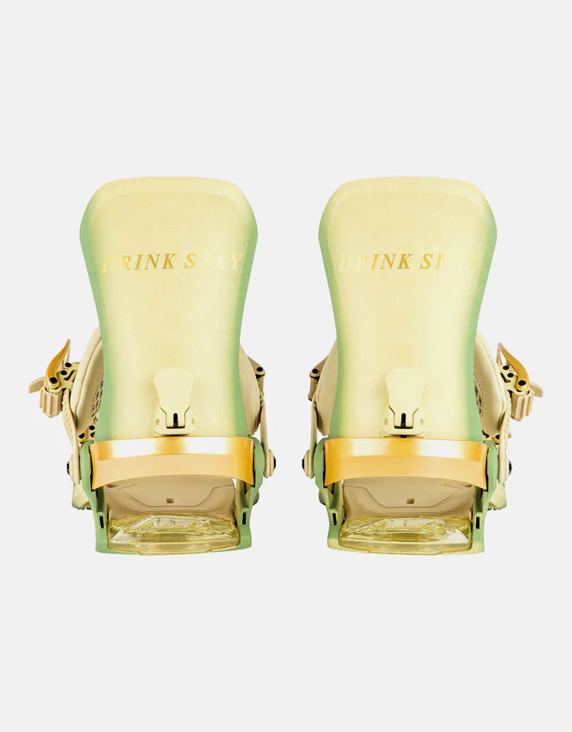 Nitro one x drink sexy snowboard bindings in yellow green and gold faded pattern.