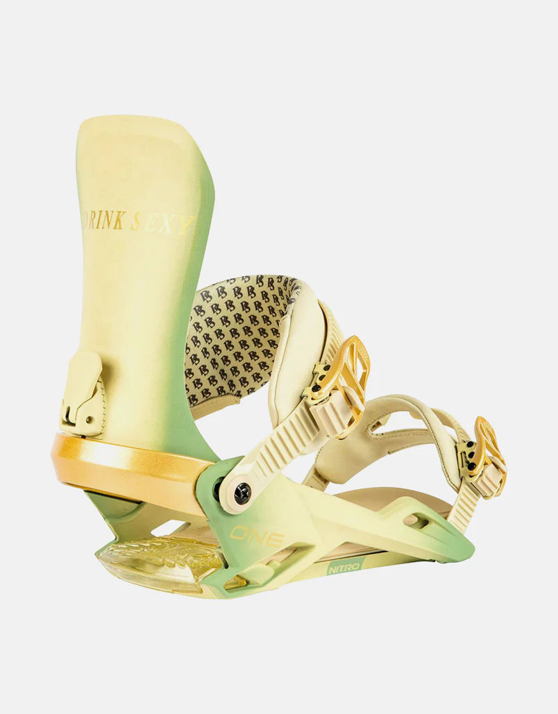 Nitro one x drink sexy snowboard bindings in yellow green and gold faded pattern.