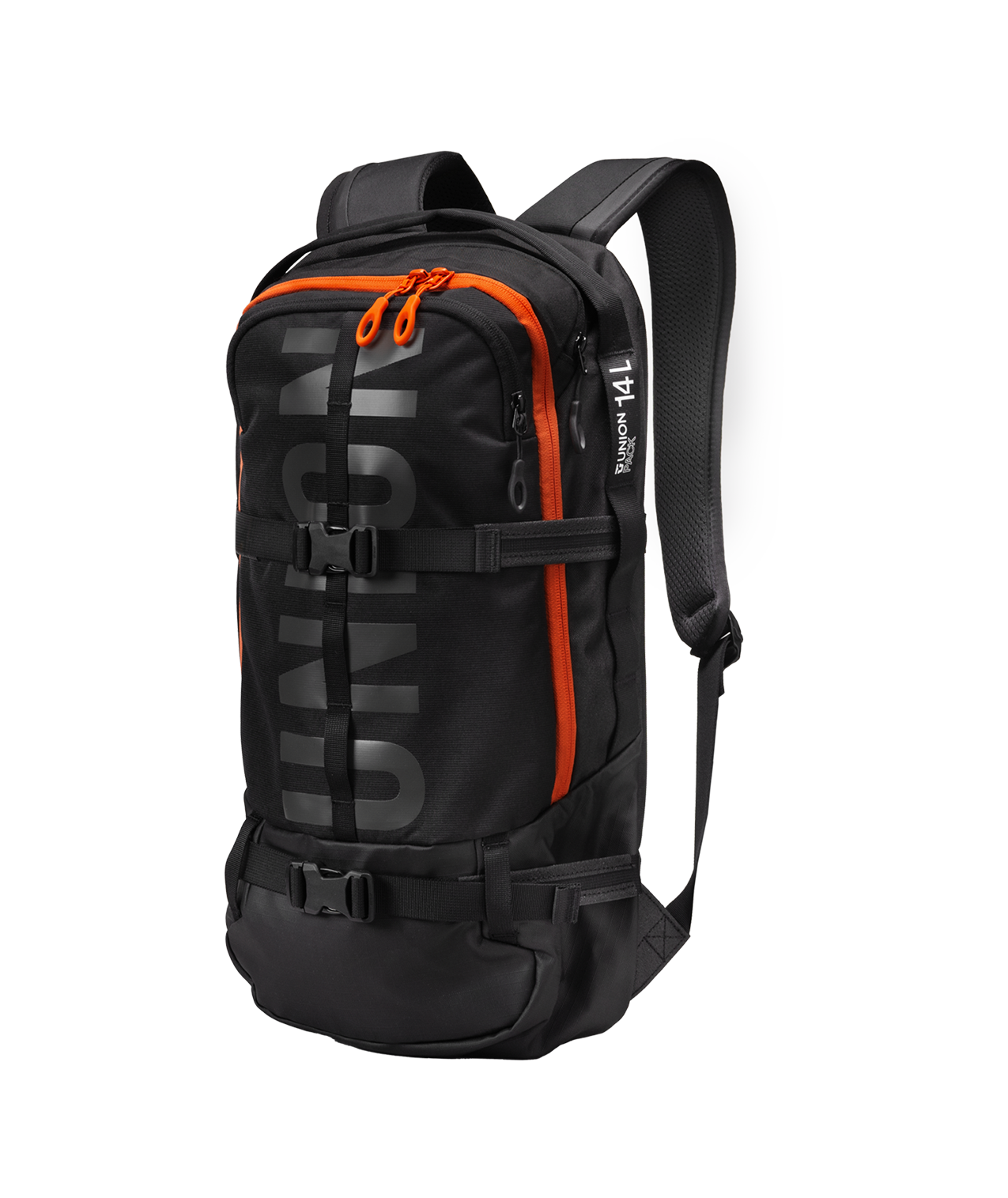 union resort backpack in black with gloss black union writing that goes all the way up the face. the zip is bright orange. black straps go around the body of the bag