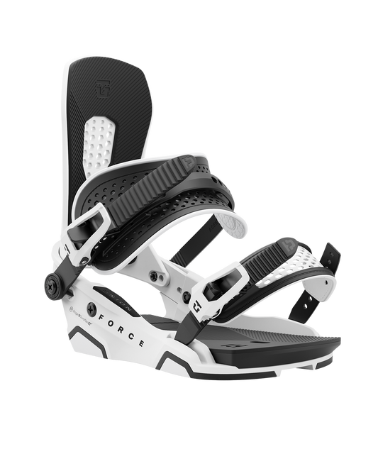 Union force 24/25 model snowboard bindings, matt white with black adjustable straps. black union force logos