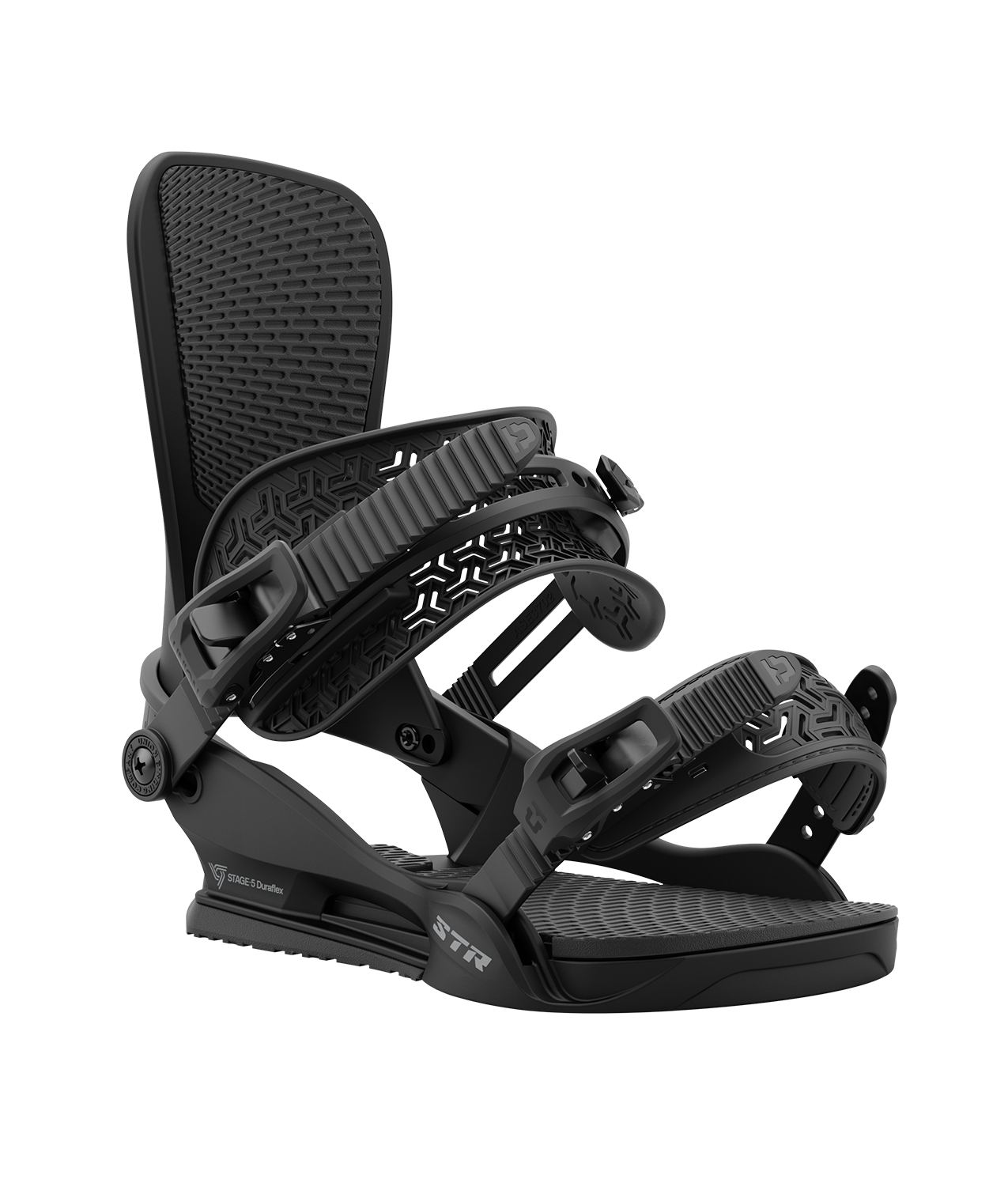 Union str 24/25 model snowboard bindings, matt black with black adjustable straps. grey union str logos
