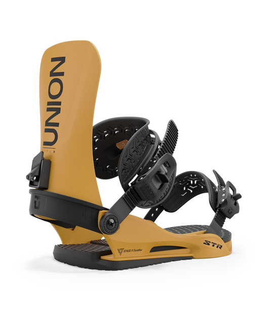 Union str 24/25 model snowboard bindings, matt mustard yellow with black adjustable straps. black union str logos
