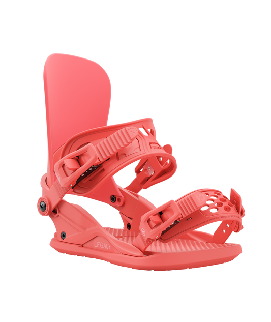 Union legacy 24/25 model snowboard bindings, matt coral with coral adjustable straps. pink union legacy logos