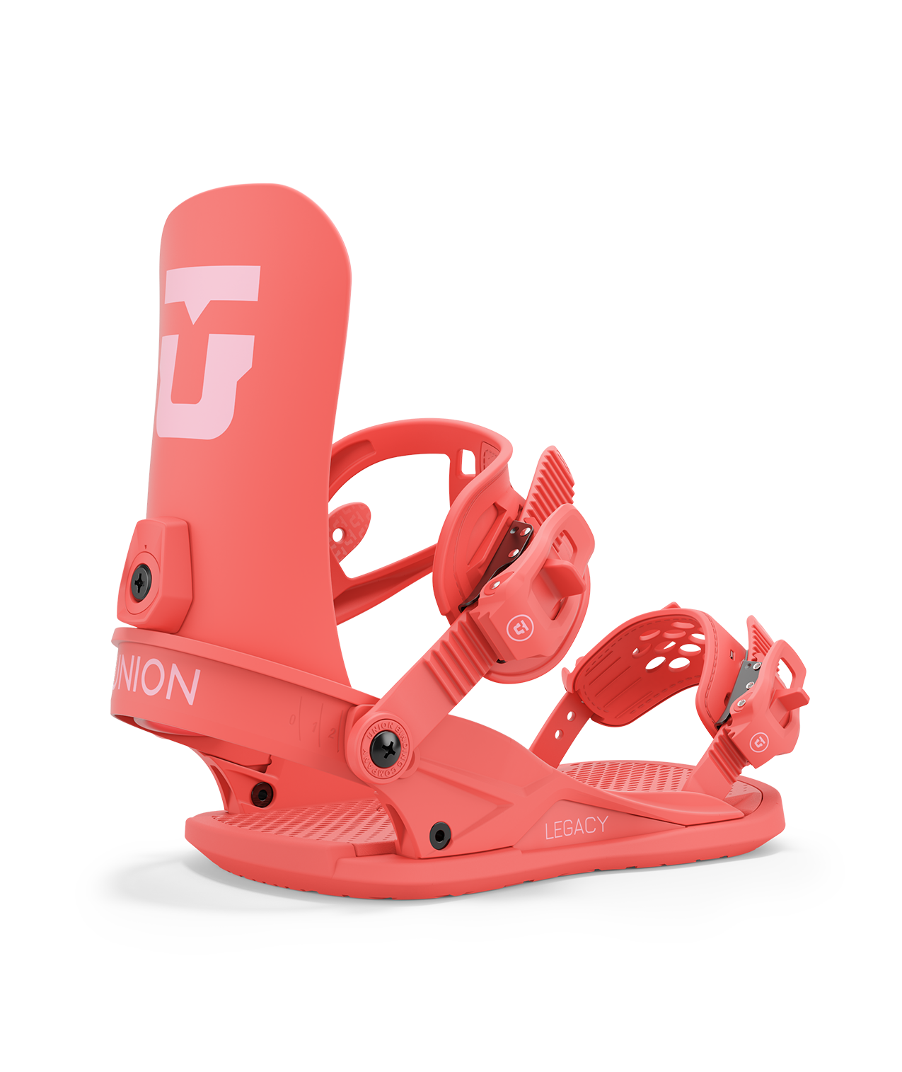 Union legacy 24/25 model snowboard bindings, matt coral with coral adjustable straps. pink union legacy logos