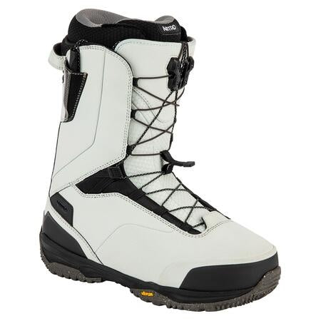 nitro venture pro tls snowboard boots in ice white with nicotine brown highlights.