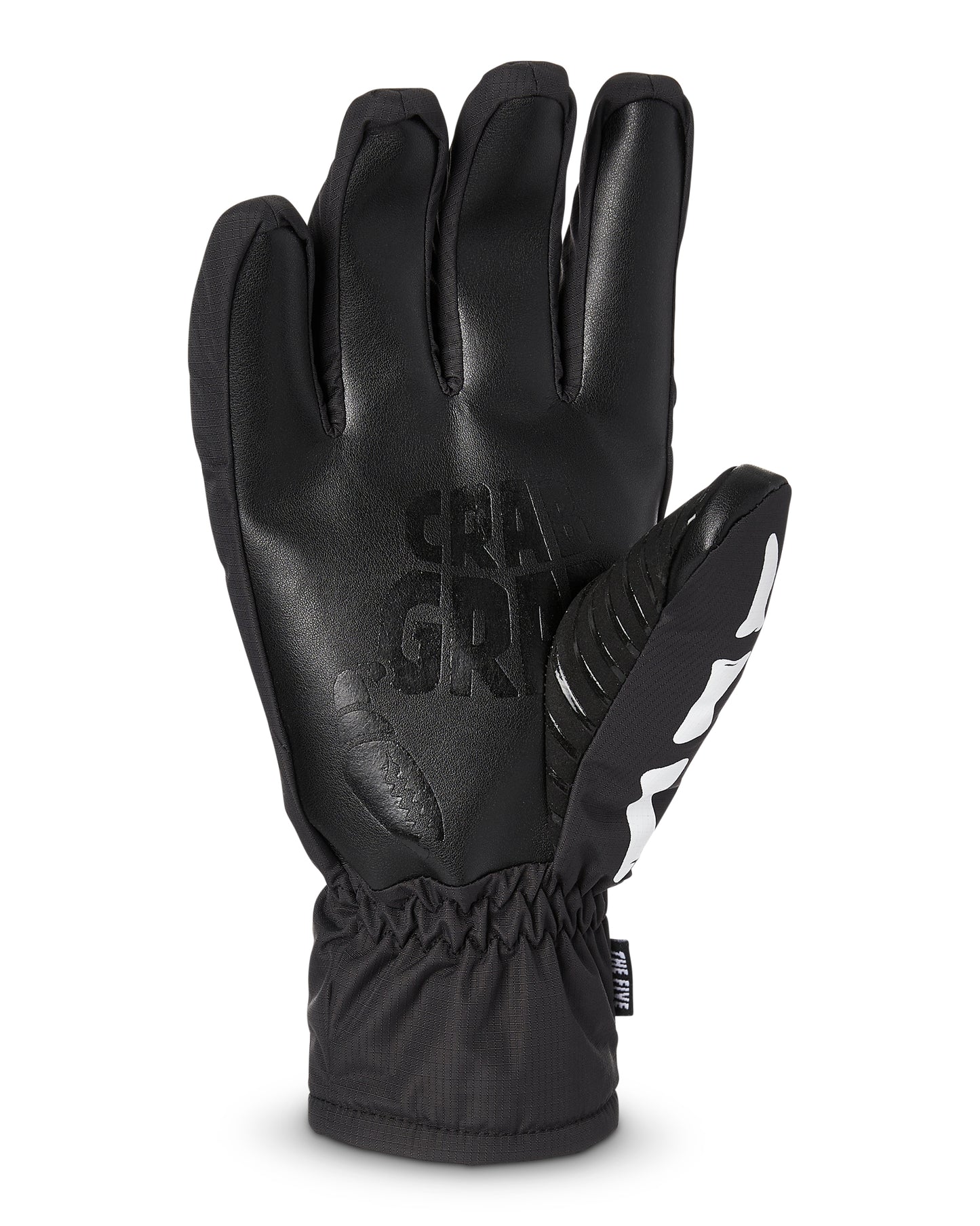 crab grab five snowboard gloves, black with black wrist straps and white crab grab logo's. skeleton hand print on top