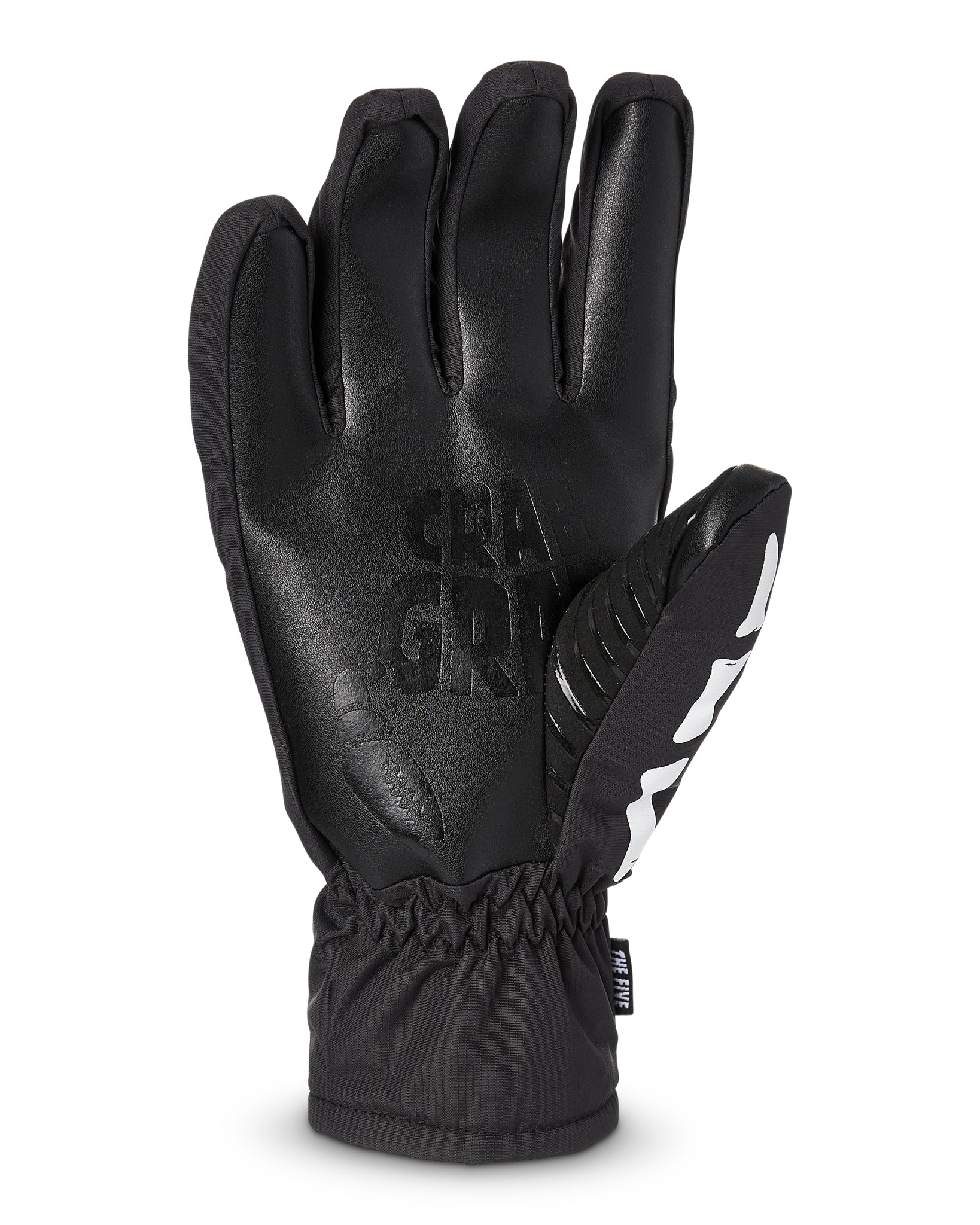 crab grab five snowboard gloves, black with black wrist straps and white crab grab logo's. skeleton hand print on top