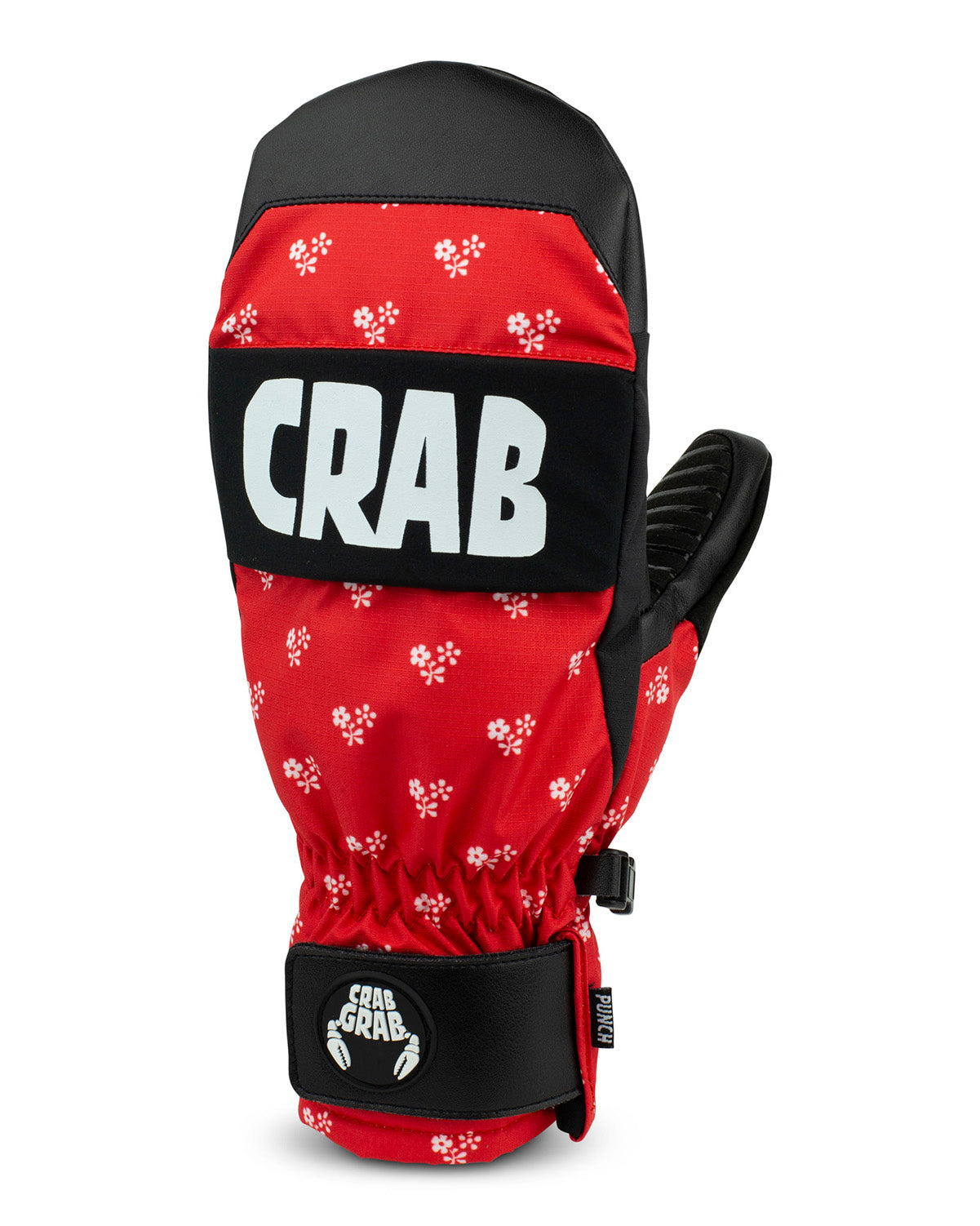 crab grab punch mitt in red with white flower repeating pattern and grab grab writing large across the knuckles