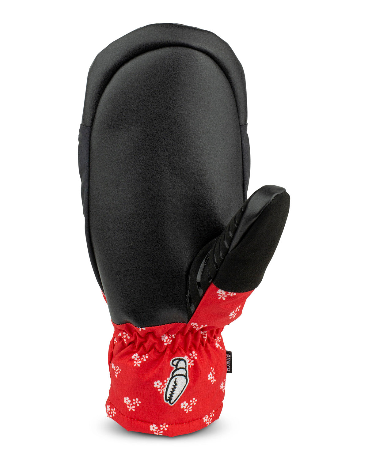 crab grab punch mitt in red with white flower repeating pattern and grab grab writing large across the knuckles