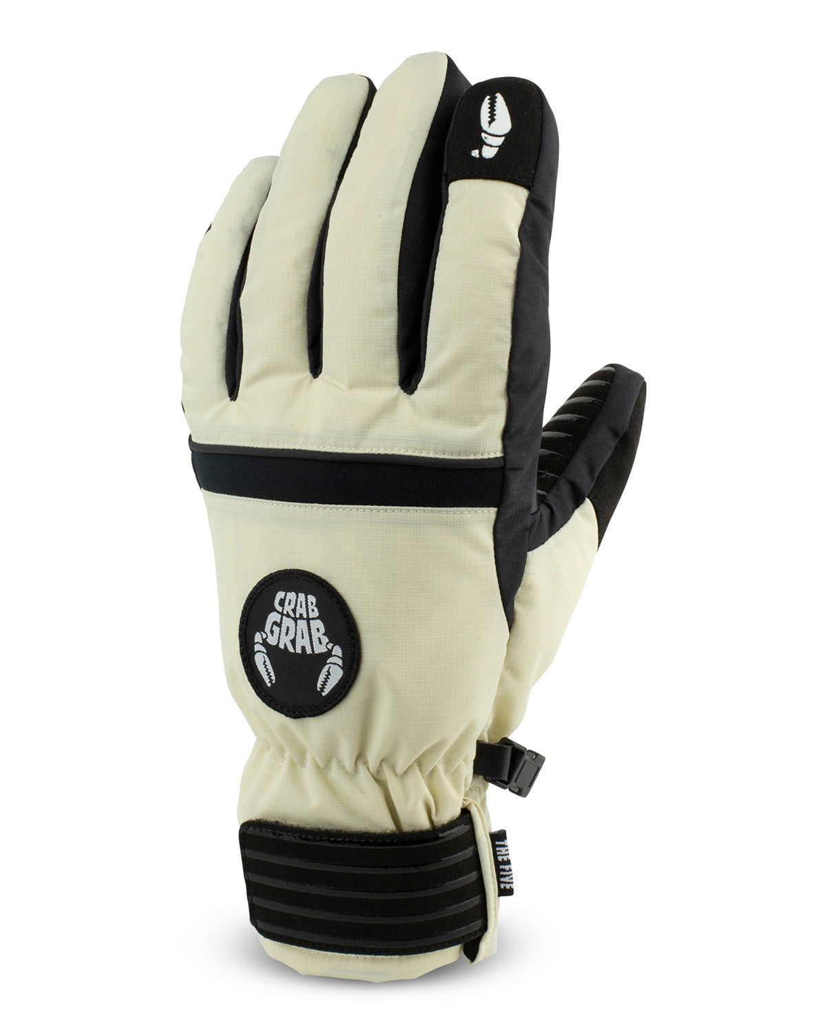 crab grab five snowboard gloves, cream with black wrist straps and white crab grab logo's