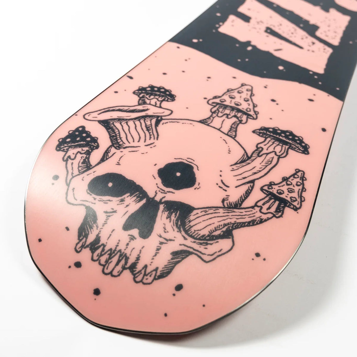 Skateboard deck with skull and mushroom design on a pink background