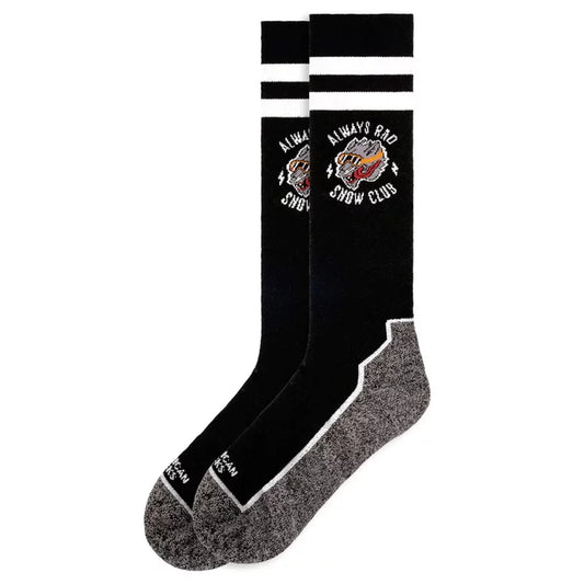 american socks snowboard socks.. black with grey soles, two white bands around the top and a wolf logo that says 'always rad  snow club'