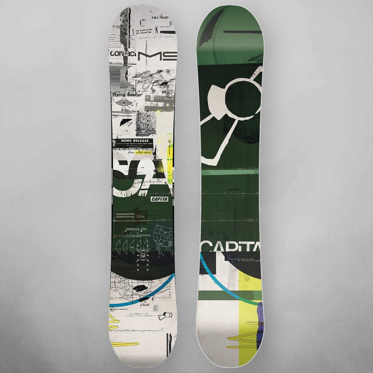 Two views of a CADITA snowboard, showing the base and the underside, against a neutral gray background. The base features a complex collage design in white, black, and green, while the underside is primarily dark green with a large white graphic and a section of white near the tail.