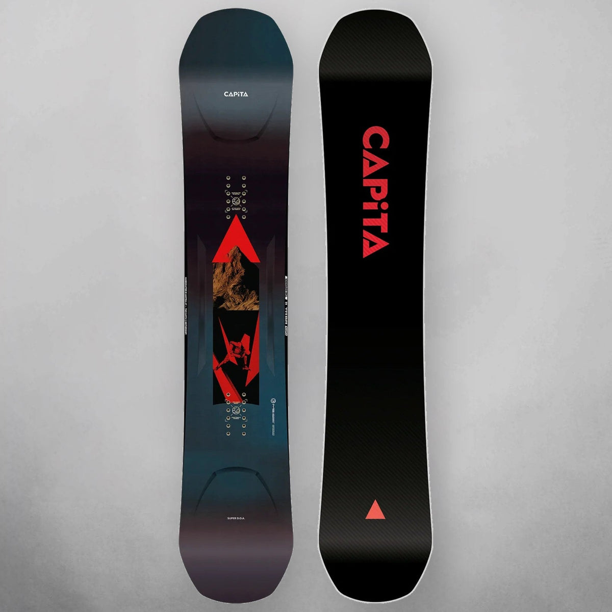 Two views of a CAPiTA snowboard shown vertically against a neutral gray background. The left view shows the base with a dark blue-to-purple gradient and a red graphic, while the right view shows the black top with red CAPiTA branding and a small red triangle.