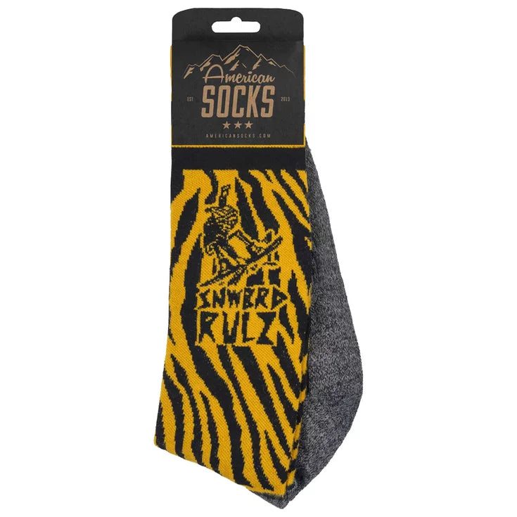 american socks snowboard socks.. yellow with grey soles, black bands around the top.  yellow zebra print and writing that says 'snwbrd rulz' at the top