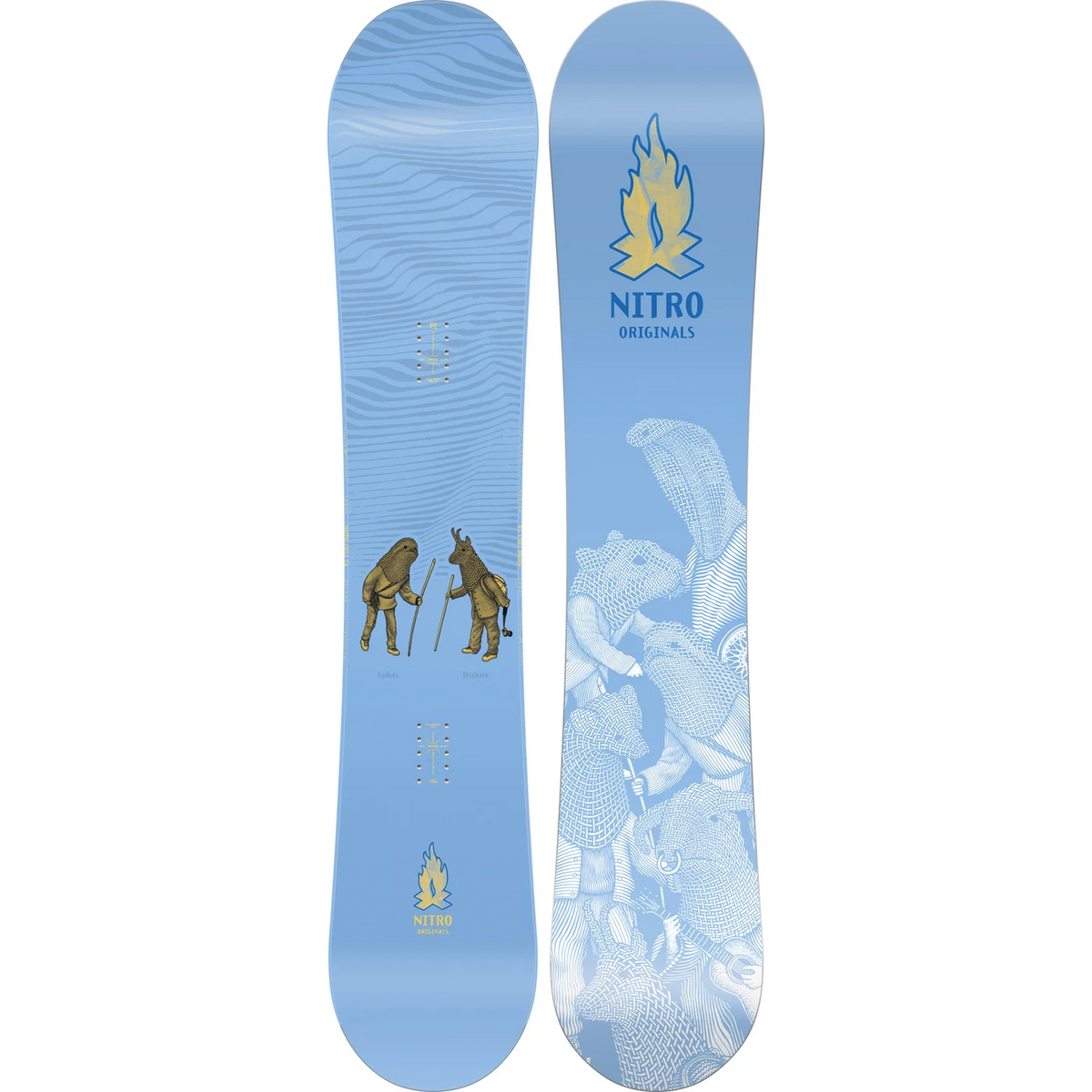 A light blue snowboard shown from both sides, featuring a yellow and blue flame logo with the text 'NITRO ORIGINALS' on the top side, and a white snake graphic on the bottom side.