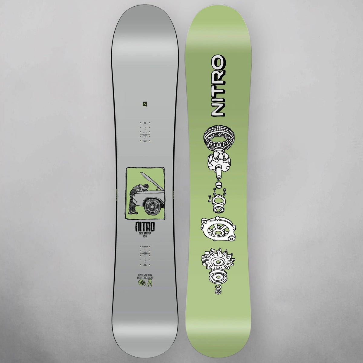 Two views of a Nitro snowboard on a neutral gray background, showing the silver base with a green graphic and the light green base with black and white graphics.