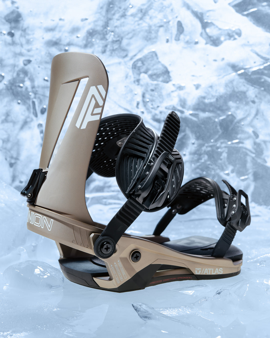 Union atlas snowboard binding in bronze with white 'A' graphics