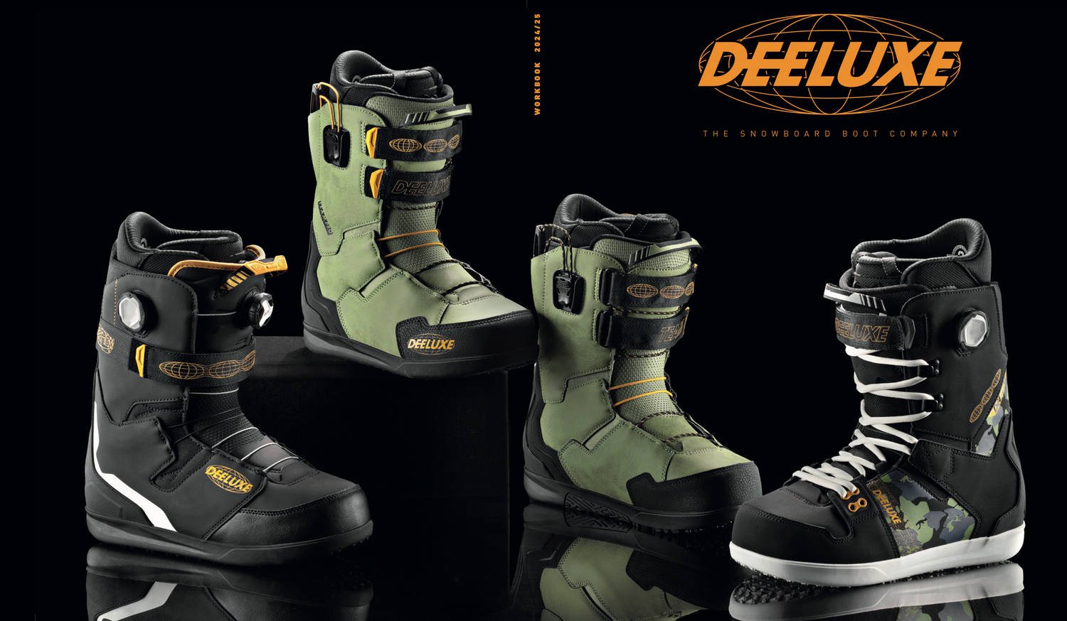 4 deeluxe snowboard boots against a black background