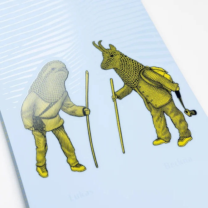 A close-up of a printed surface featuring two stylized figures in yellow linework on a pale blue striped background, photographed on a white surface.