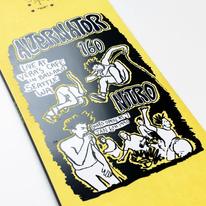 Snowboard deck with graphic design and text on a yellow background