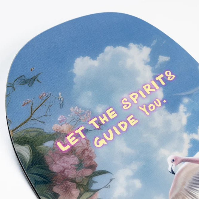 Product with a scenic design featuring a bird, flowers, and text 'Let the spirits guide you' against a blue sky.