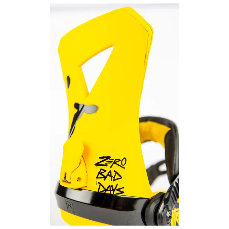 nitro zero bad days snowboard bindings, black body with a yellow highjack and base. black adjustable straps and black graffiti effect nitro logos.