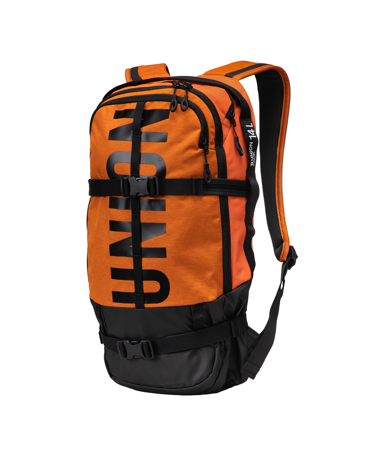 union resort backpack in bright orange with black union writing that goes all the way up the face. black straps go around the body of the bag