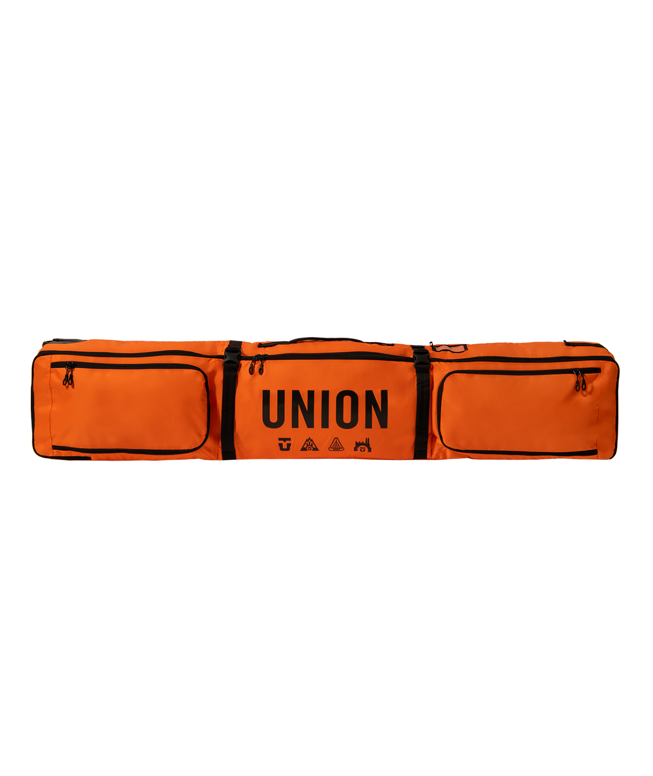 large bright orange wheeled snowboard bag with union logo in the middle, two large pockets either side and two black straps around the body.