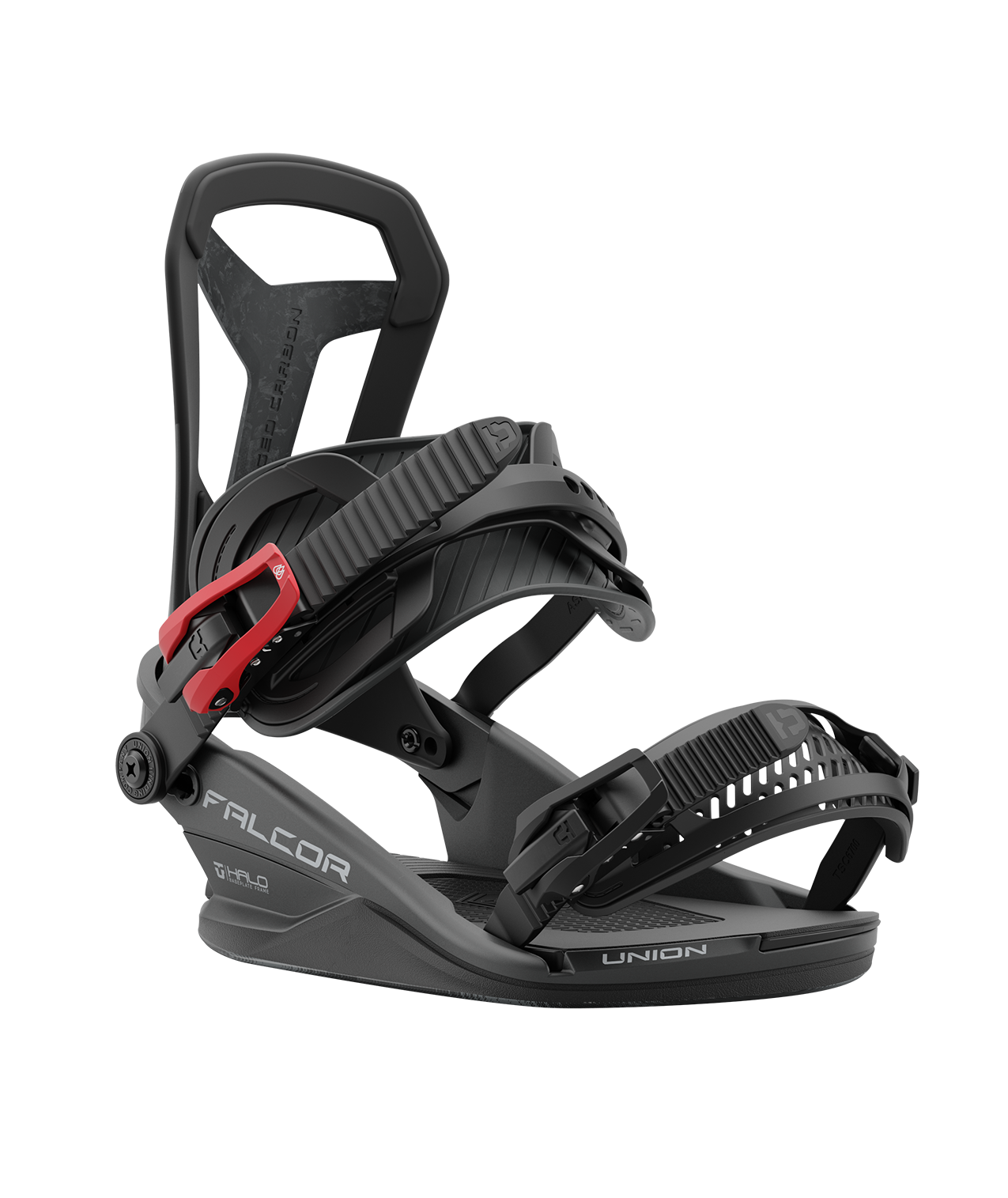 Union Falcor 24/25 model snowboard bindings, matt black with a black ankle strap and black toe strap. carbon fibre spine in the middle of the highback