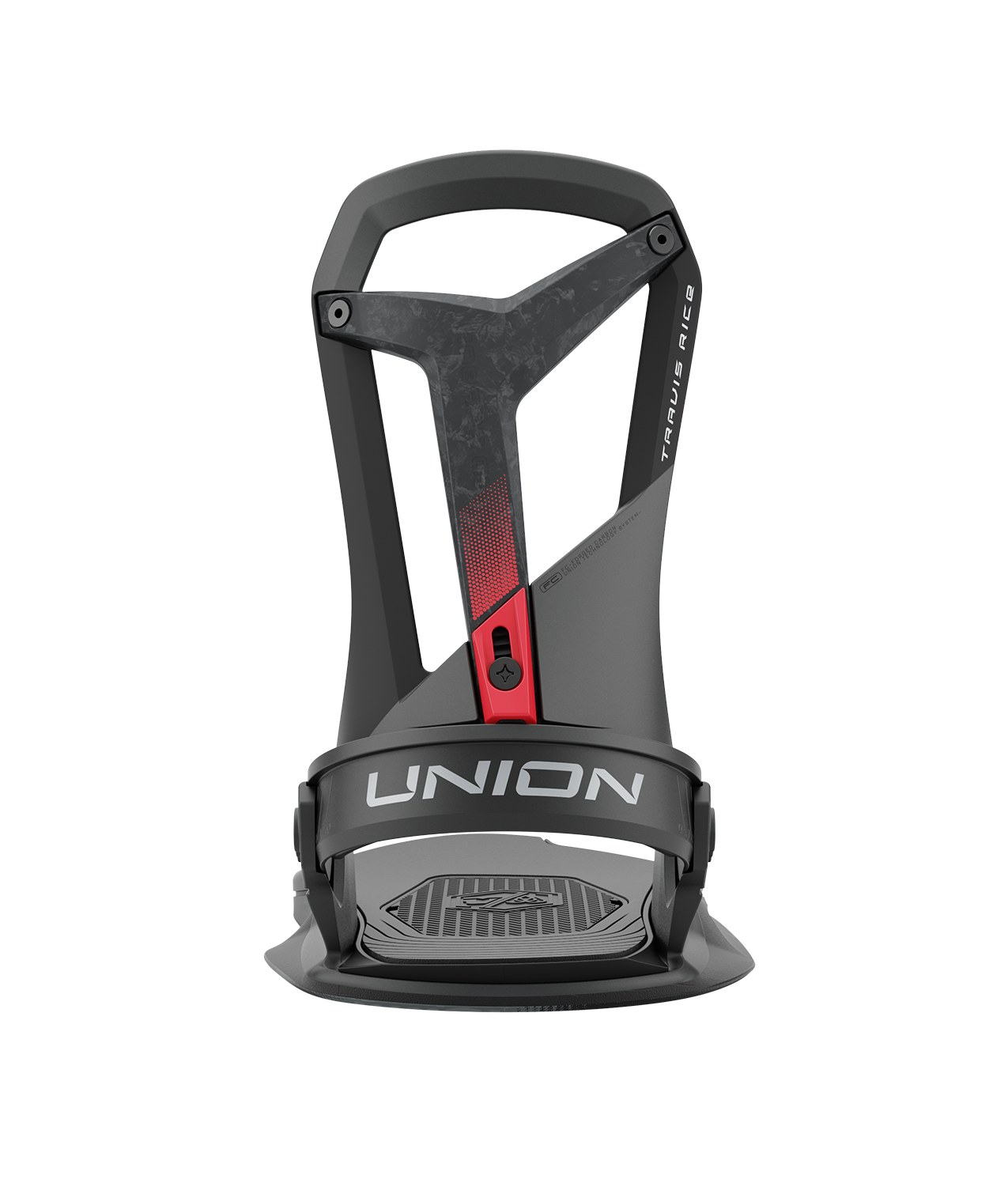 Union Falcor 24/25 model snowboard bindings, matt black with a black ankle strap and black toe strap. carbon fibre spine in the middle of the highback