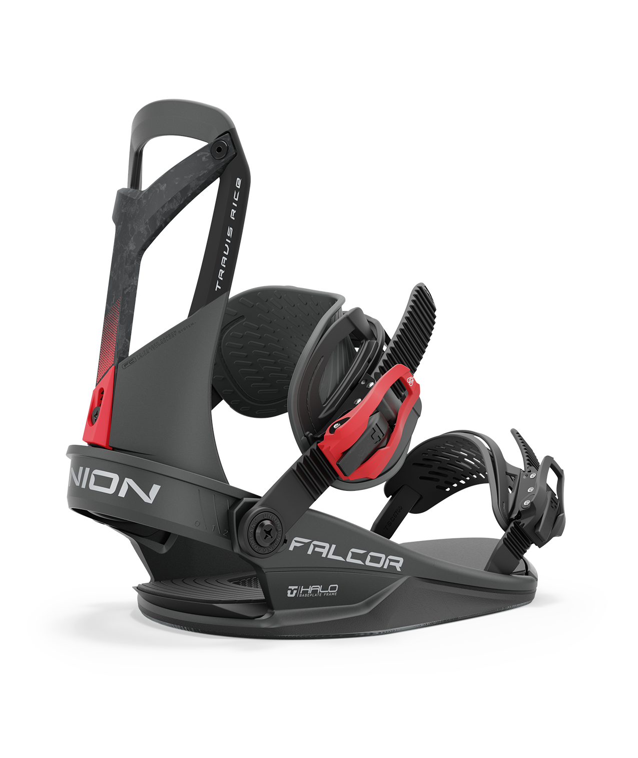 Union Falcor 24/25 model snowboard bindings, matt black with a black ankle strap and black toe strap. carbon fibre spine in the middle of the highback