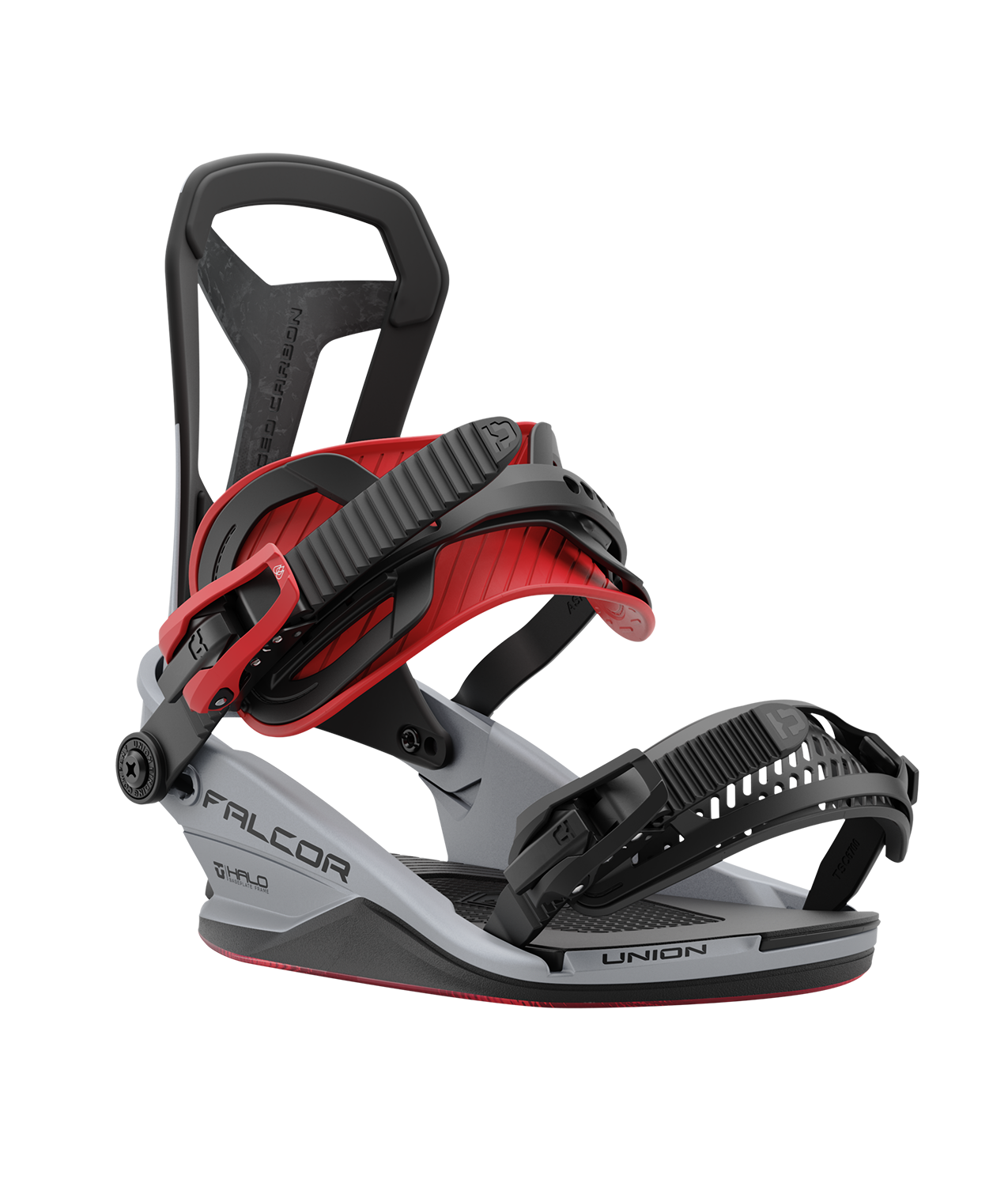 Union Falcor 24/25 model snowboard bindings, matt sliver with a red ankle strap and black toe strap. carbon fibre spine in the middle of the highback