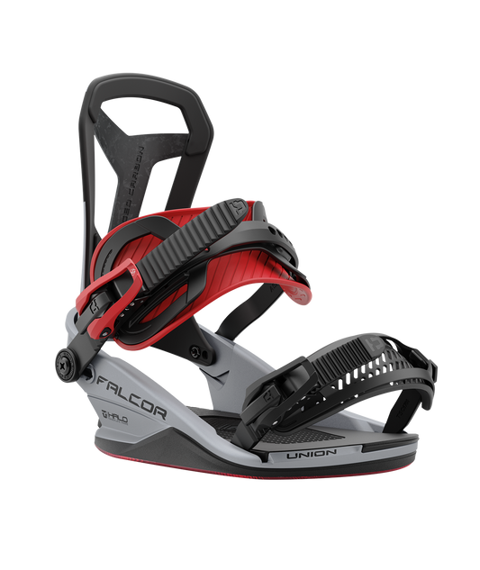 Union Falcor 24/25 model snowboard bindings, matt sliver with a red ankle strap and black toe strap. carbon fibre spine in the middle of the highback