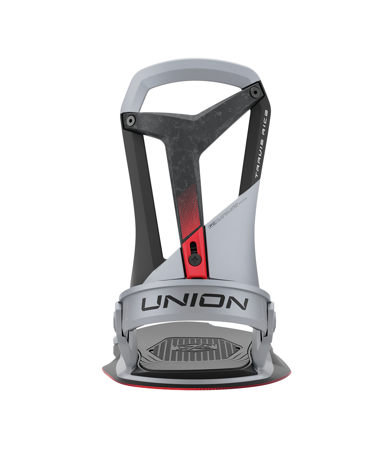 Union Falcor 24/25 model snowboard bindings, matt sliver with a red ankle strap and black toe strap. carbon fibre spine in the middle of the highback