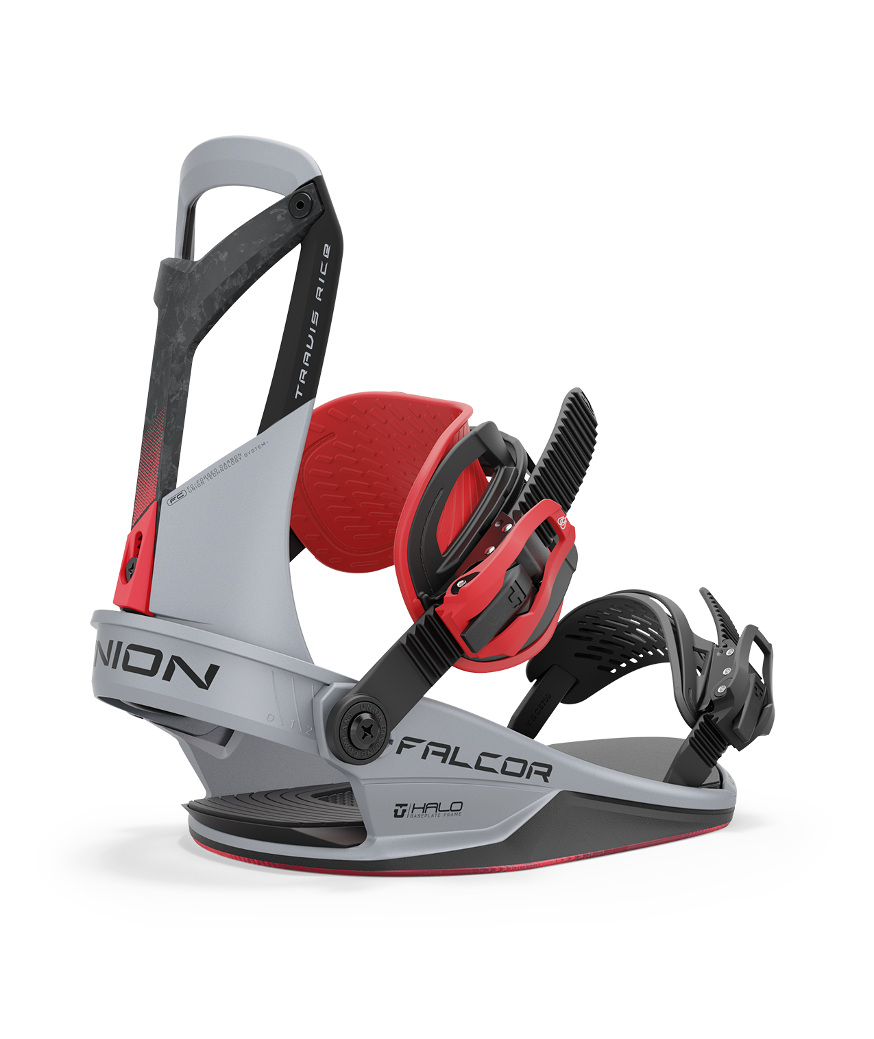 Union Falcor 24/25 model snowboard bindings, matt sliver with a red ankle strap and black toe strap. carbon fibre spine in the middle of the highback