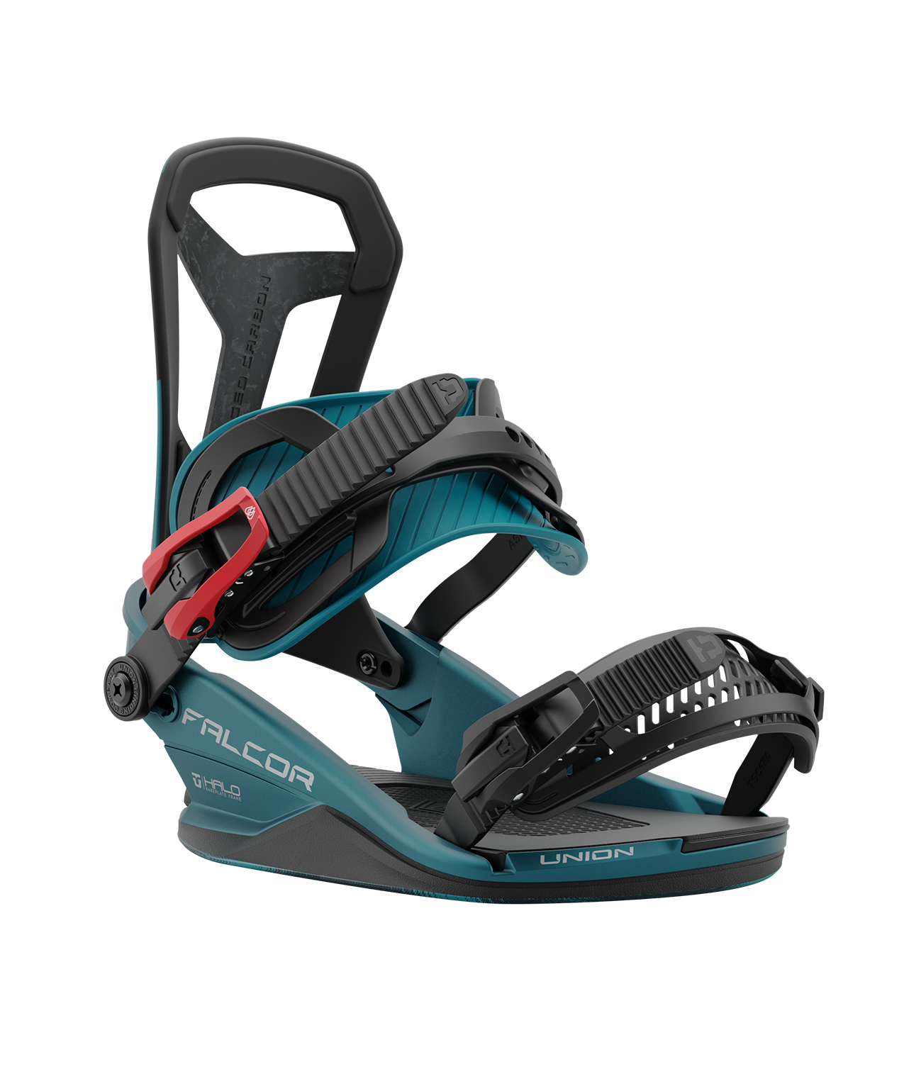 Union Falcor 24/25 model snowboard bindings, matt teal with a teal ankle strap and black toe strap. carbon fibre spine in the middle of the highback