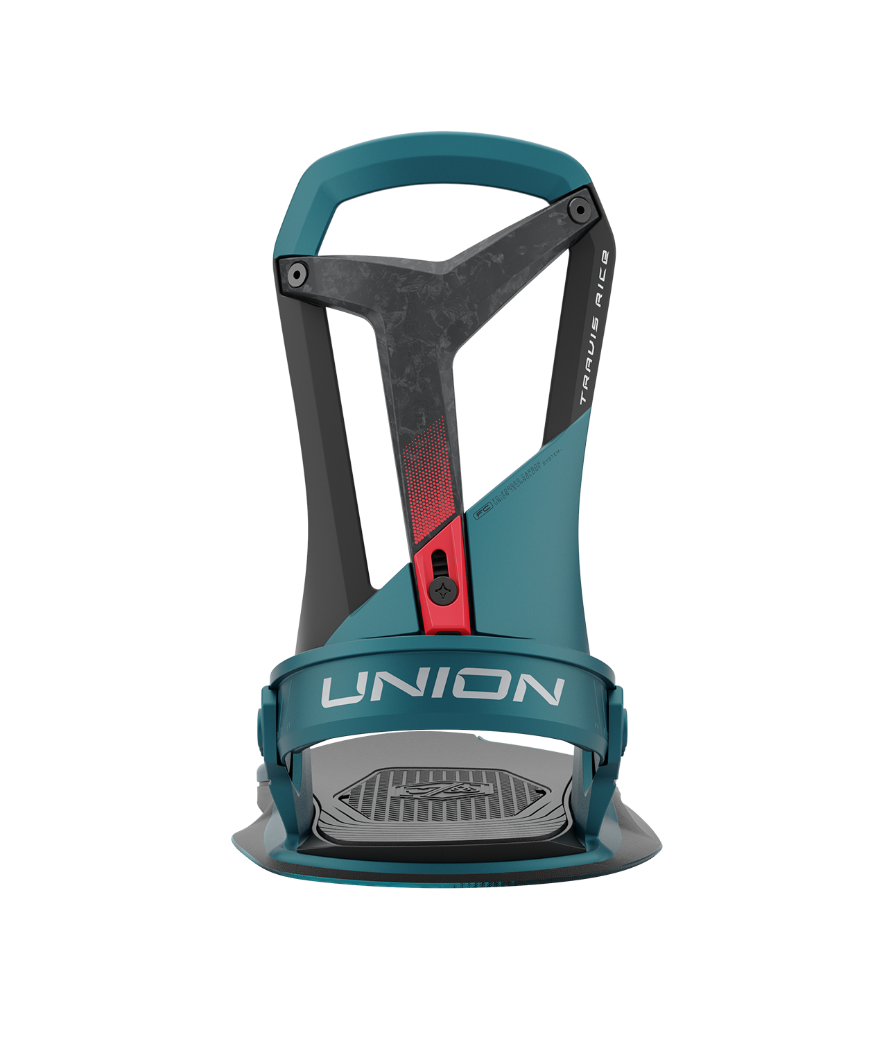 Union Falcor 24/25 model snowboard bindings, matt teal with a teal ankle strap and black toe strap. carbon fibre spine in the middle of the highback