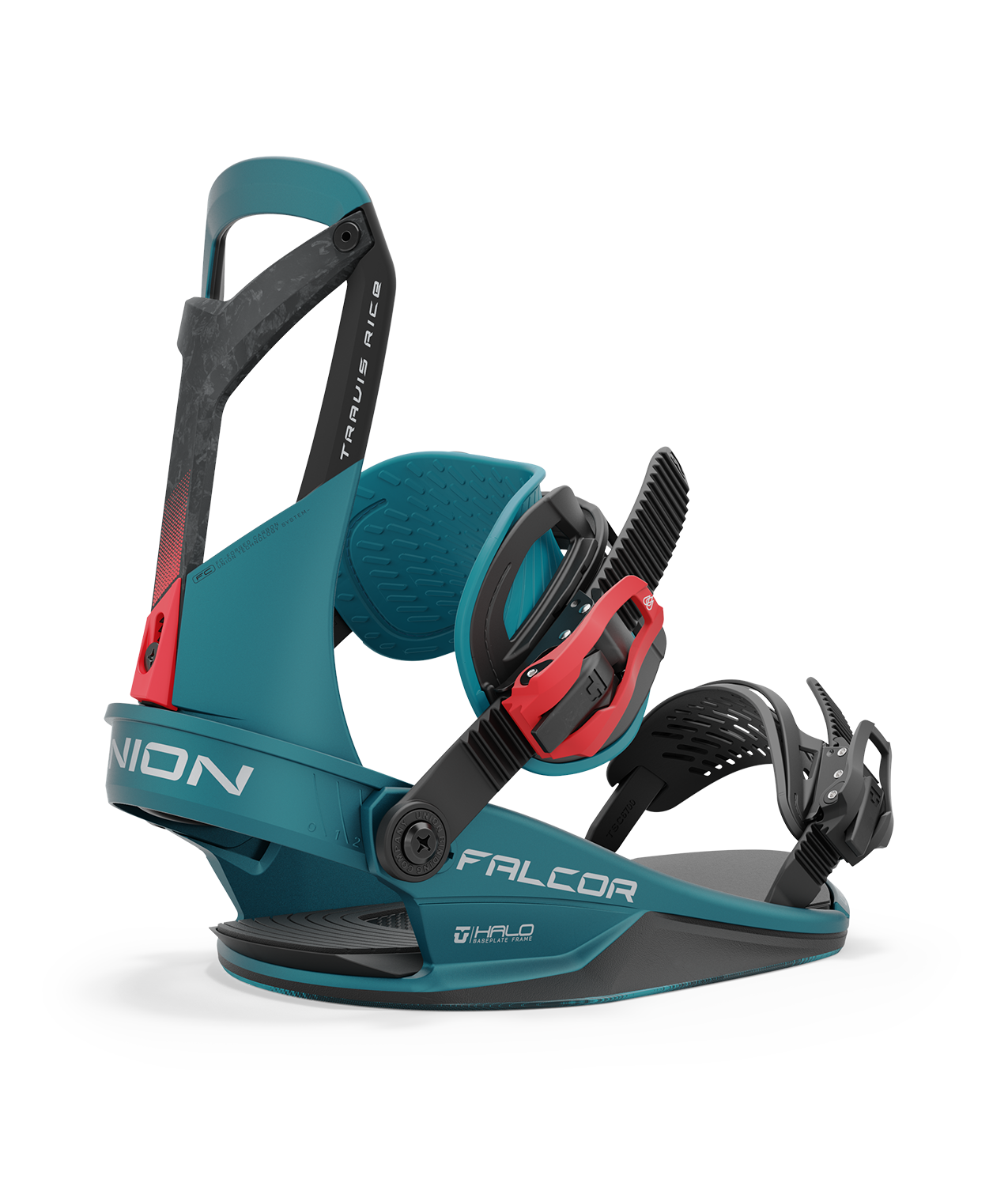 Union Falcor 24/25 model snowboard bindings, matt teal with a teal ankle strap and black toe strap. carbon fibre spine in the middle of the highback