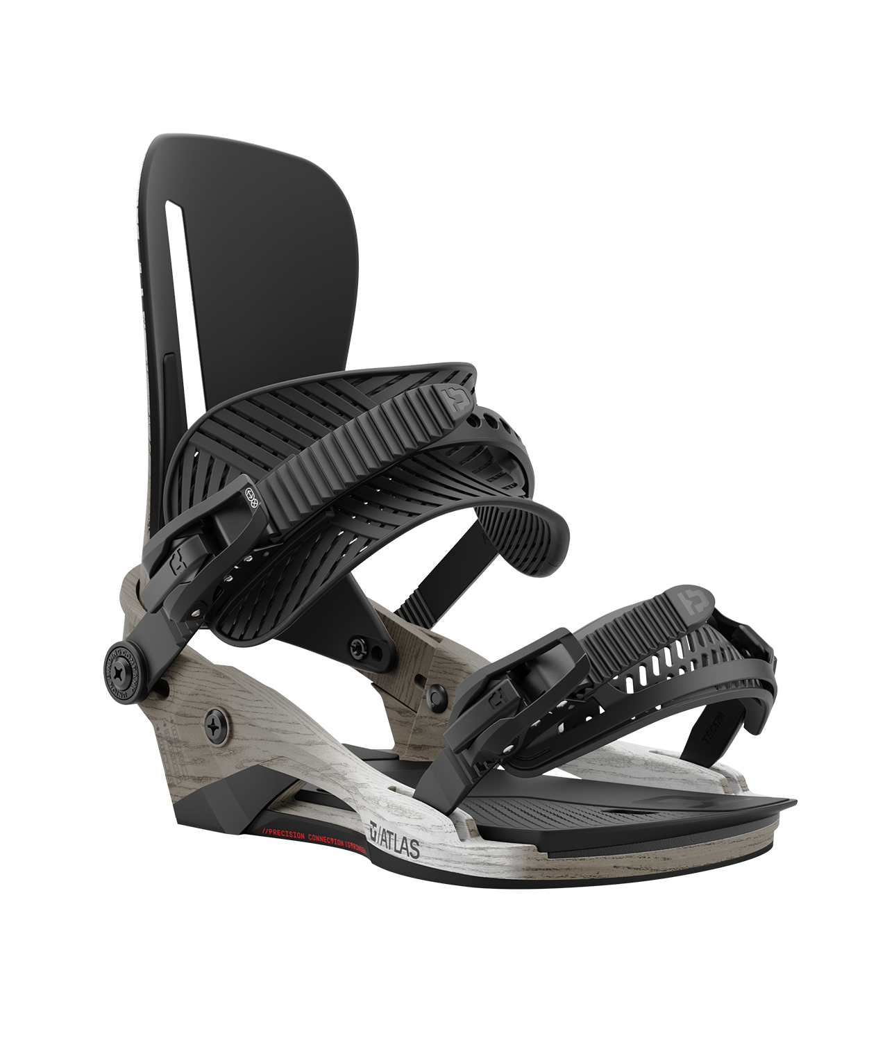 Union Atlas, 24/25 model snowboard bindings, Asadachi which is a wood grain effect with black adjustable straps