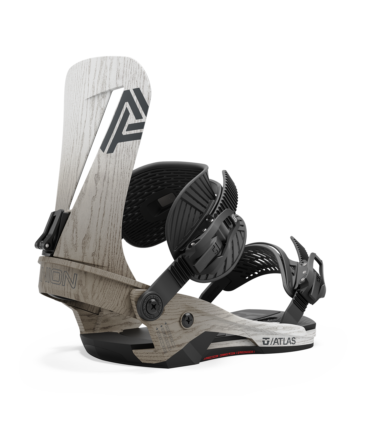 Union Atlas, 24/25 model snowboard bindings, Asadachi which is a wood grain effect with black adjustable straps