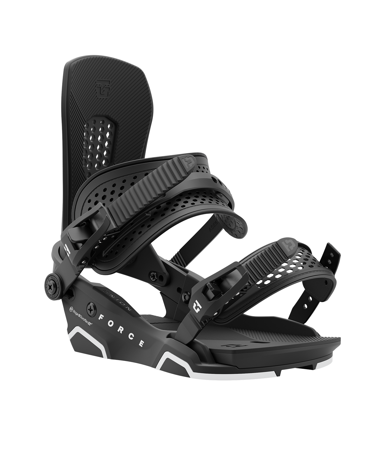 Union force 24/25 model snowboard bindings, matt black with black adjustable straps. white union force logos