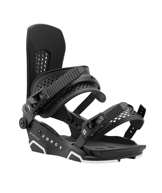 Union force 24/25 model snowboard bindings, matt black with black adjustable straps. white union force logos