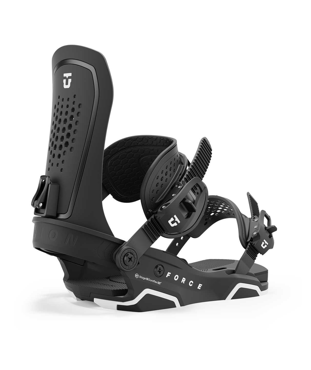 Union force 24/25 model snowboard bindings, matt black with black adjustable straps. white union force logos