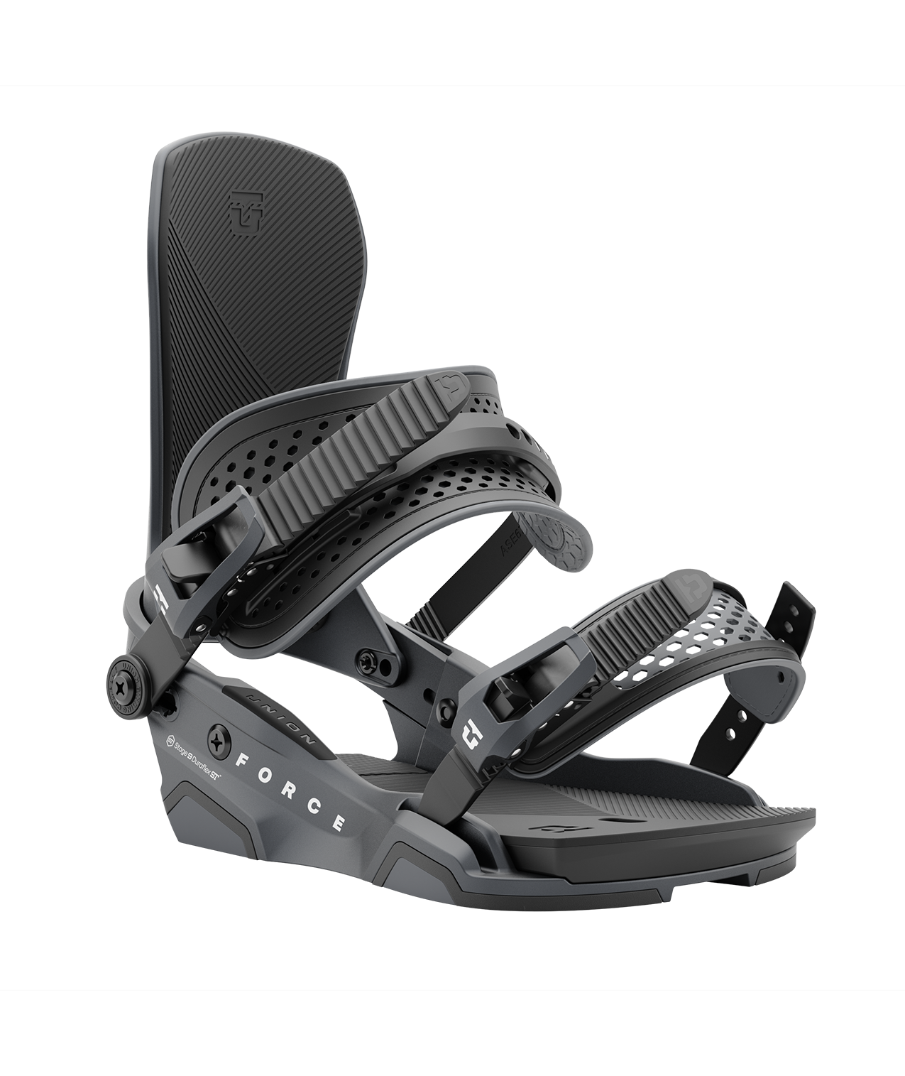 Union force 24/25 model snowboard bindings, matt gun metal with  black adjustable straps. white union force logos