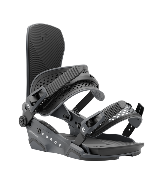 Union force 24/25 model snowboard bindings, matt gun metal with  black adjustable straps. white union force logos