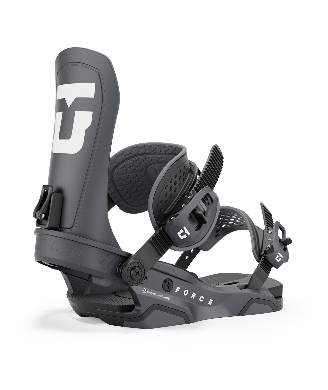 Union force 24/25 model snowboard bindings, matt gun metal with black adjustable straps. white union force logos