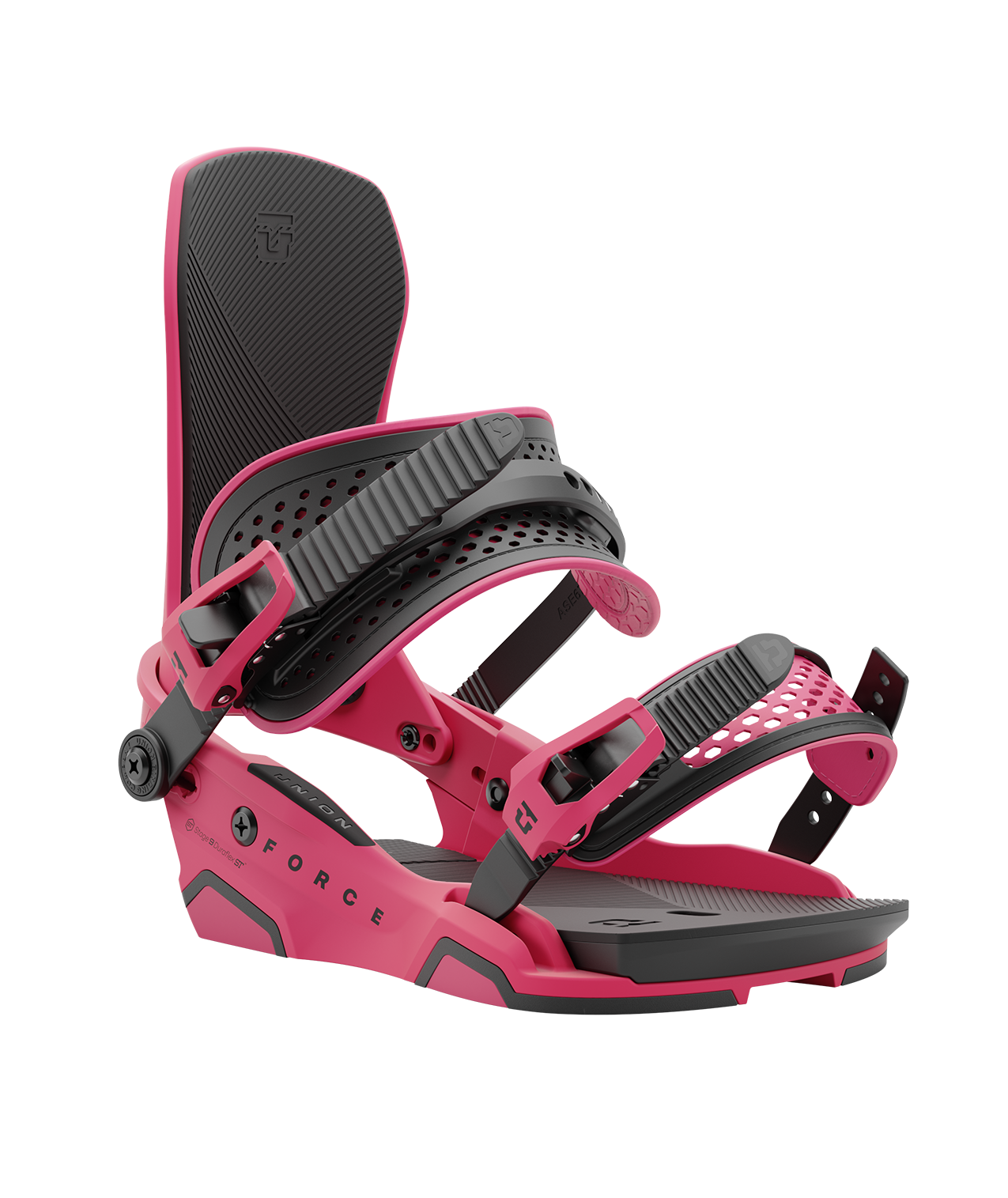 Union force 24/25 model snowboard bindings, matt magenta with black adjustable straps. black union force logos